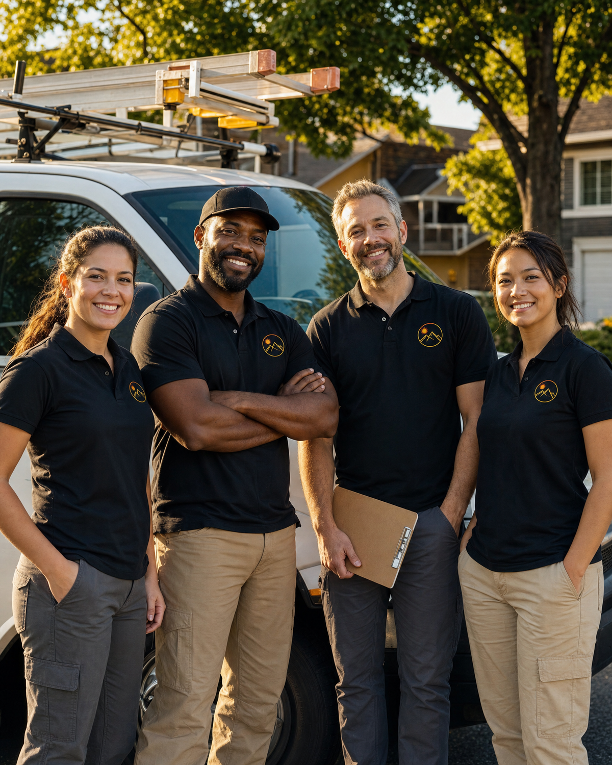 Work crew wearing matching embroidered black polos