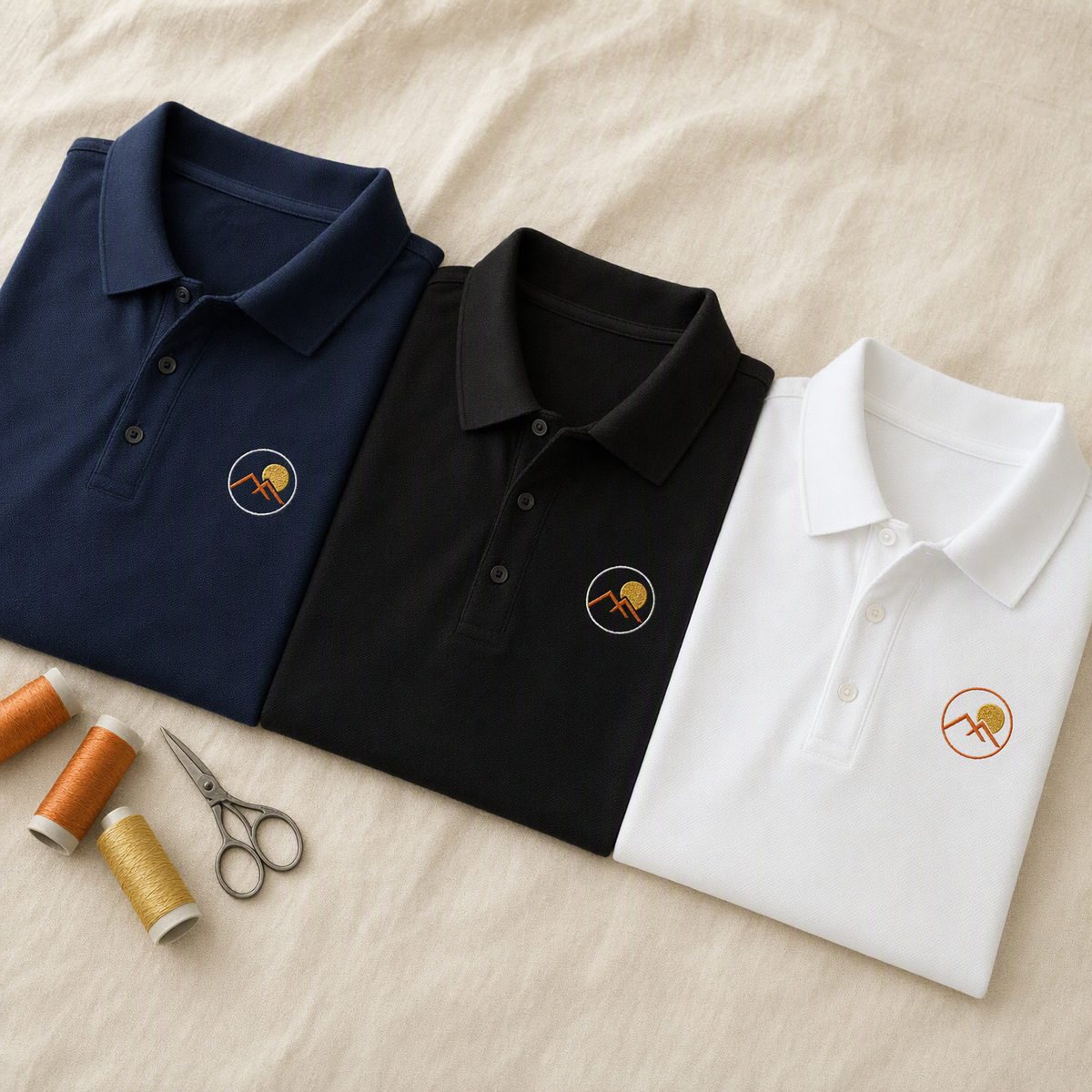 Navy, black and white polos with embroidered chest logo