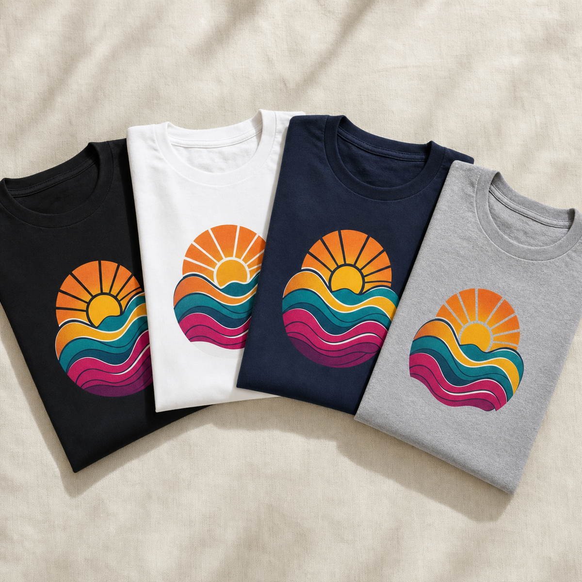 Black, white, navy and gray tees with a full-color DTF print